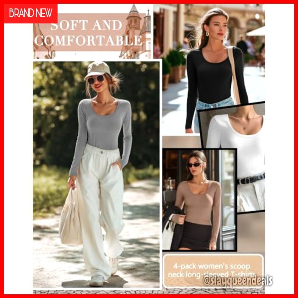 4 Pack Slim Fit Long Sleeve Scoop Neck T-Shirts Stretchy Layering Tops - Picture 6 of 7